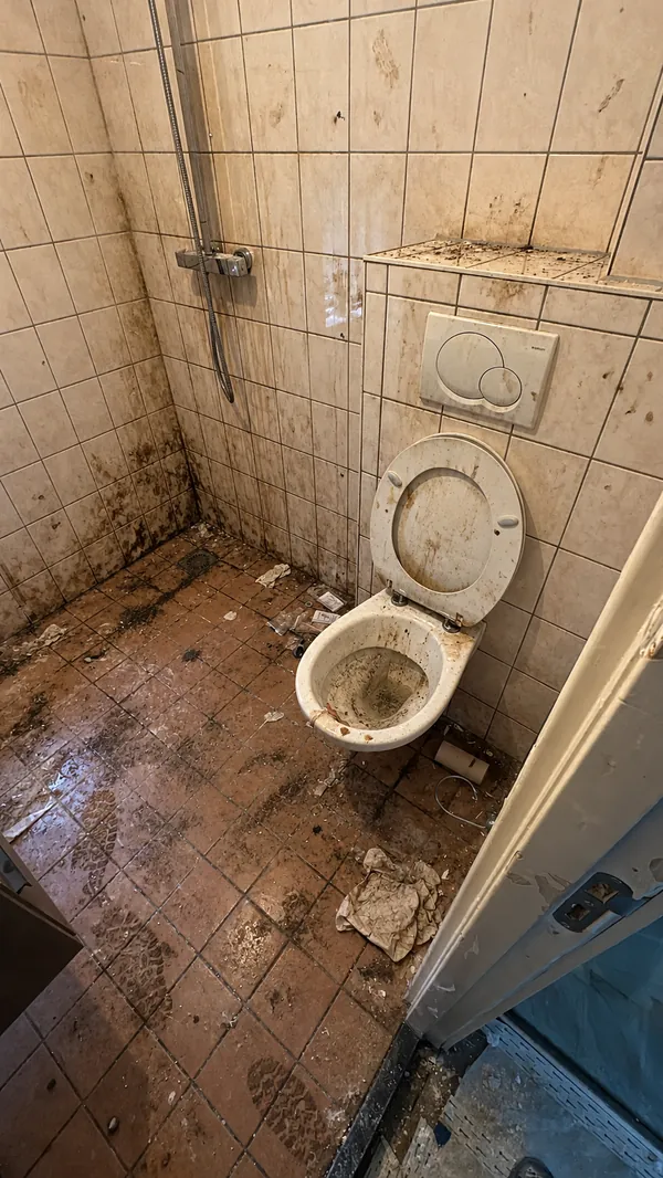 Vóór de schoonmaak: sterk vervuilde badkamer en toilet